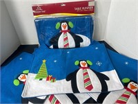 Winter Holiday Penguin Table Runner with