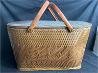 Vintage Wicker Wood Picnic Basket With