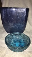 Vintage Blue Glass Footed Dish and Blue