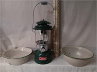 Coleman Double Mantel Lantern, Enamelware Bowls