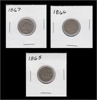 US Coins 3 - Three Cent Coins 1865, 1866, 1867