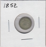 US Coins Silver Three Cent Coin 1852