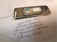 MEN'S SILVER & STAINLESS BLUE TURQUOISE MONEY CLIP