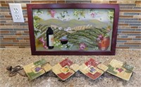 Wine Art & 4 Grape-Theme Plates on Stand