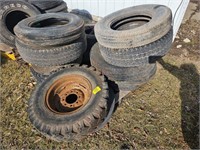 pallet of wagon tires, farm implement tires