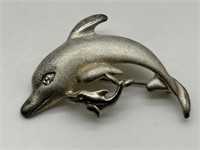 Vintage Tona Silver Tone Dolphin Brooch