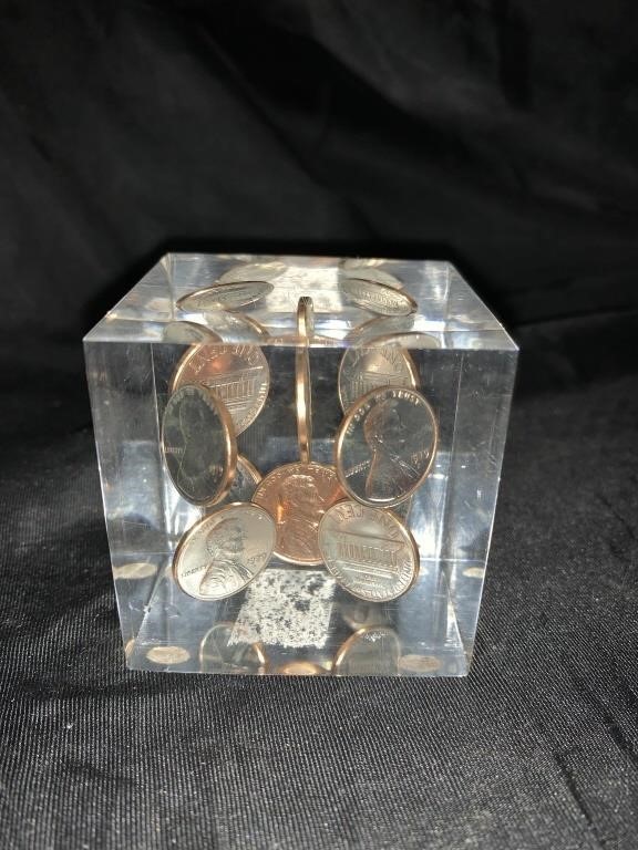 LUCITE CUBE W/ PENNIES - 2 X 2 X 2 “