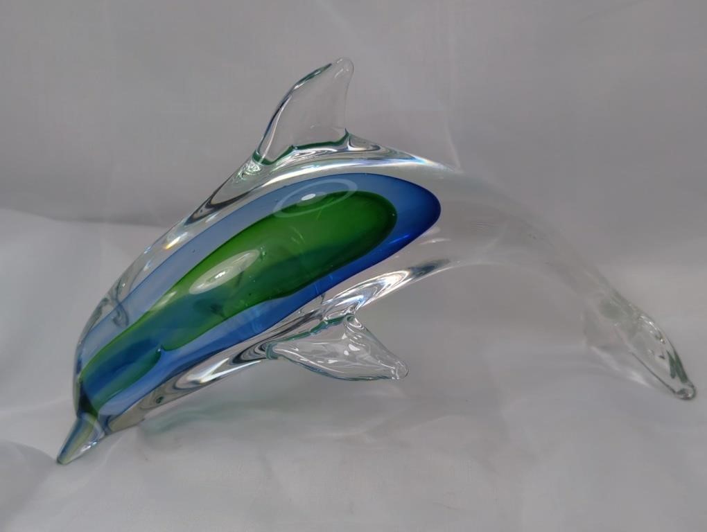 Large Murano Style Art Glass Blue & Green Dolphin