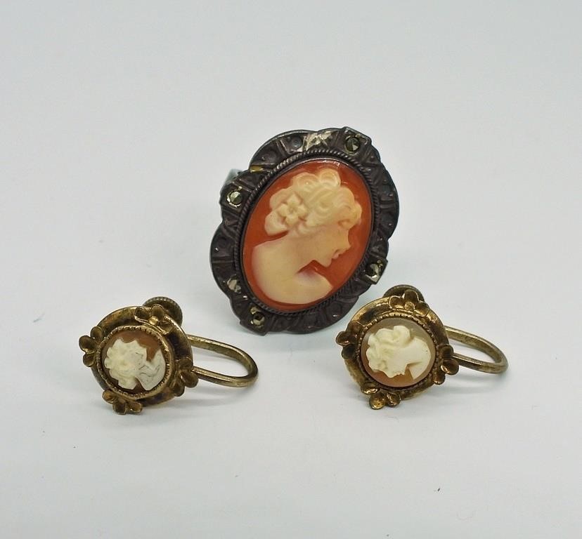 VINTAGE 925 CAMEO RING & EARRINGS