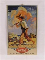 1990 metal Coca-Cola fishing boy sign, 8.5" x 14"
