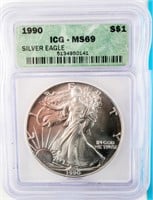 Coin 1990 American Silver Eagle $1 ICG MS69