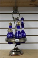 CRUET SET 15" BLUE ETCHED GLASS SHAKERS