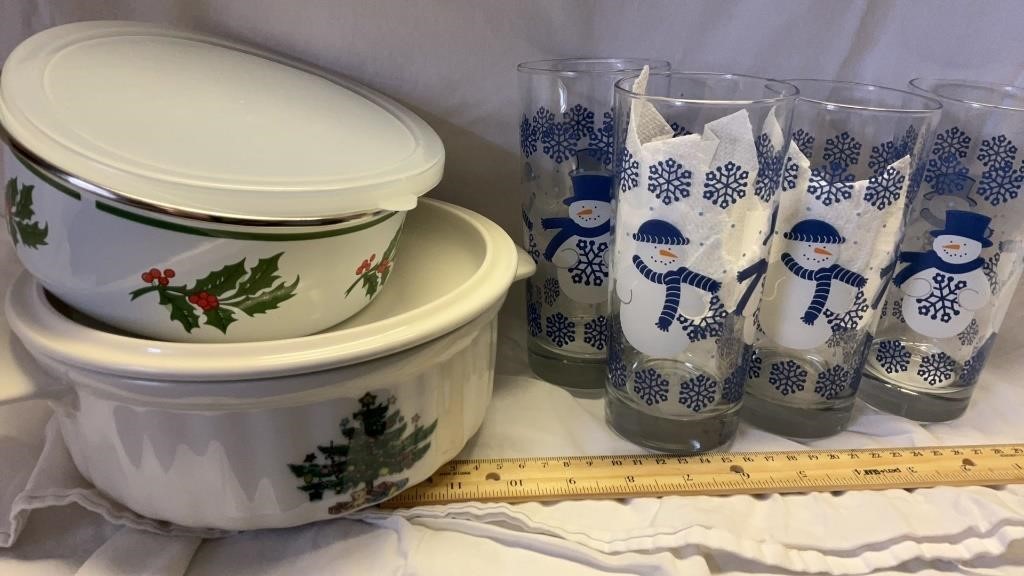 Snowman Glasses(4), Nikko Christmas Casserole,