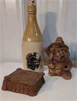 Gnarly looking guy, card box & stoneware bottle
