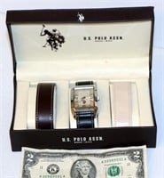 US Polo Men's SS Watch Set w 3 Leather Bands