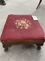 Needle point foot stool, 18 X 18 w/ some damage