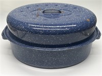 Vintage Blue Speckled Graniteware Aluminum Roaster