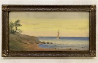 Watercolor of Shoreline & Tall Ships Scene by Rand