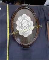 Large Glass & Wood Vintage Tray with Handles