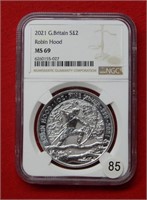 2021 G Britain $2 Robin Hood NGC MS69 1 Oz Silver