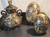 Satsuma Hand painted Chinese eggs with stand and
