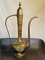 Vintage Indian Brass Hand carved teapot 18" tall