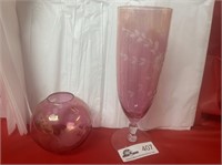 2 pieces of pink/cranberry etched glass