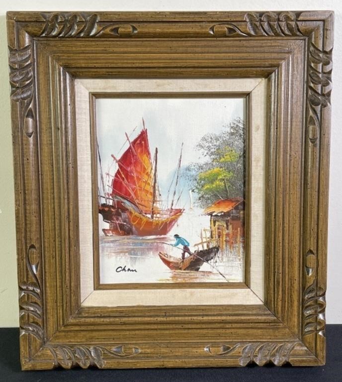 Junk Boat Oil Painting Signed By Chan