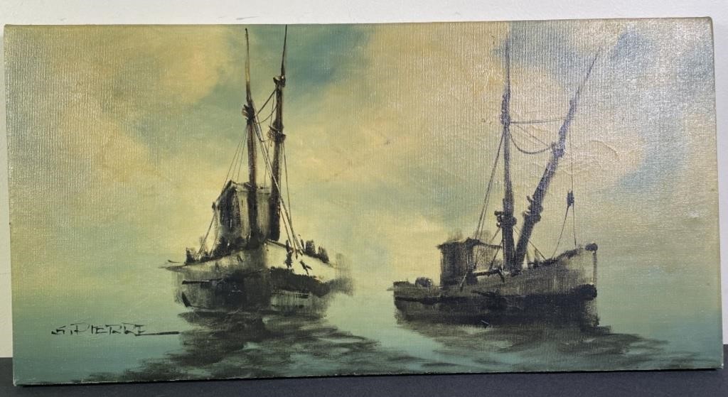 Fishing Boats Oil Painting Signed By S. Pierre