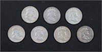 US Coins 7 Silver Franklin Half Dollars, mixed dat