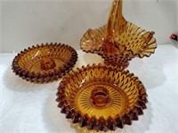 Amber glass basket and candle holders
