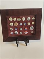 VTG POLITICAL PINS IN CHERRY FRAMED BOX-22 IN ALL