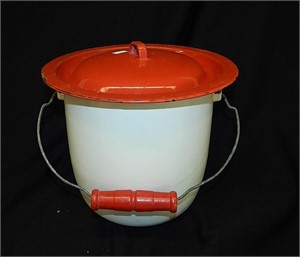 Vintage Red & White Enamel-Ware Pail With Lid