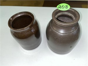 (2) Stoneware Brown Jars 1 w/ Hole in Bottom