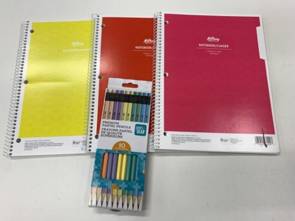 3 New 120 Page Notebooks & 10pk Pastel Pencils