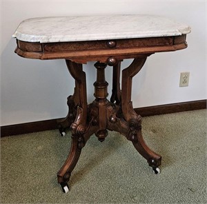 Ornate Burl Walnut Marble Top Parlor Table