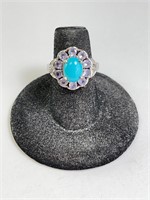 Sterling Turquoise/Tanznite Halo Ring 5 Gr Size 6
