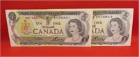1973 Lot 2 Crisp 1 Dollar Canada Consecutive Bills