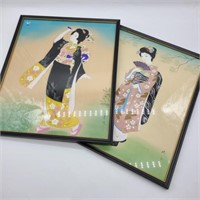 Vintage Painted Linen Geisha Art Pair