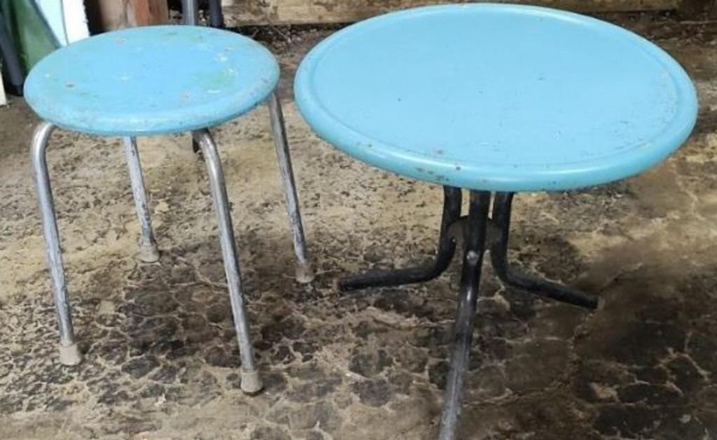 Blue Metal Table with Blue Stool.