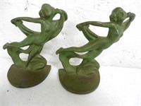 Pair of Art Deco Bookends Cast Iron Grn. Patina