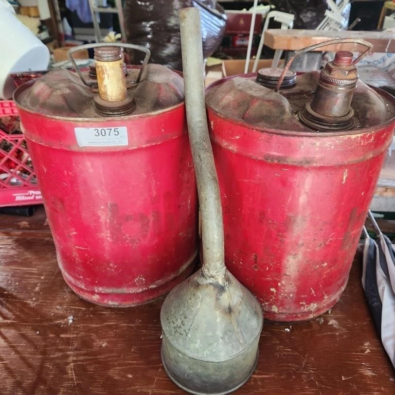 2 Vintage Metal 5 gal Gas Cans & Funnel