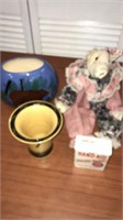 Band-aid box, pig doll, oval blue bear vase,