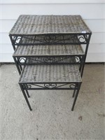 SET OF WROUGHT IRON/WOVEN TOP NESTING TABLES