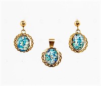 Jewelry 14K Gold & Mosaic Opal Earrings & Pendant