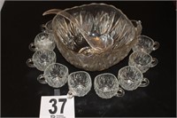 Glass Punch Bowl with (12) Glasses - 11"W