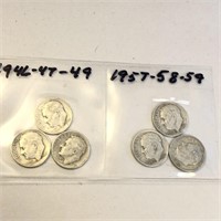 SILVER Roosevelt Dime Lot x 6 1946-1959