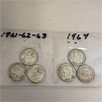 SILVER Roosevelt Dime Lot x 6 1961-1964