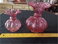 2 old FENTON lobed ruffled cranberry art glass