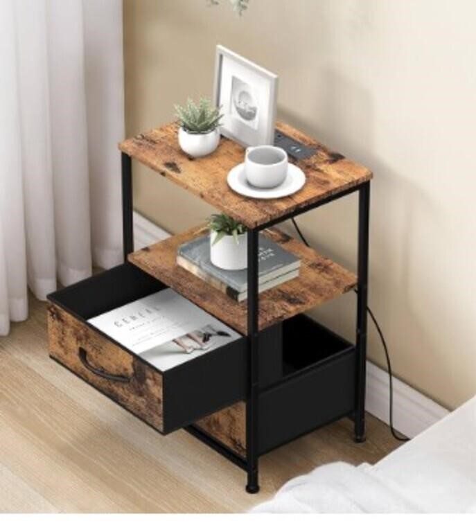 Domydevm Black Nightstand With Charging Station